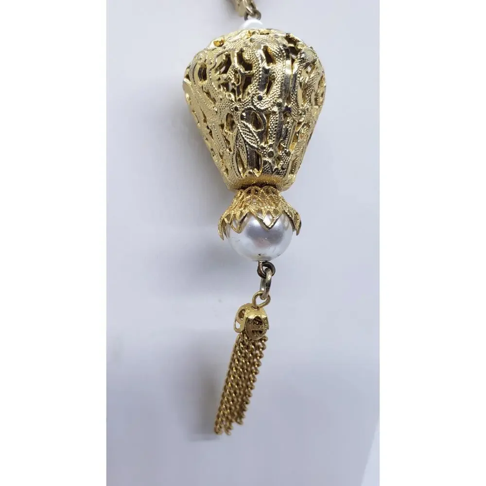 Vtg Pearl Pendant Necklace Tassel Triple Chain Gold Plated 70s Celebrity